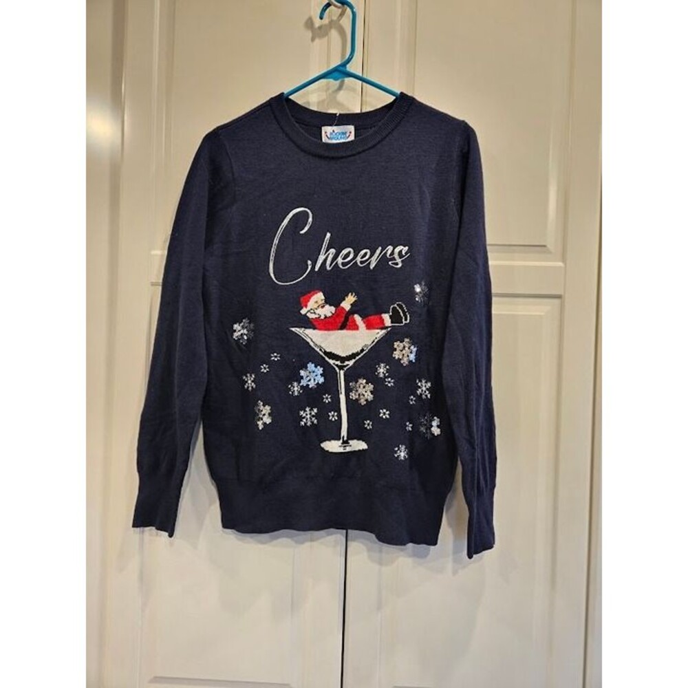Rockin Around Christmas Sweater Cheers Santa in Martini Glass - Womens SMALL New